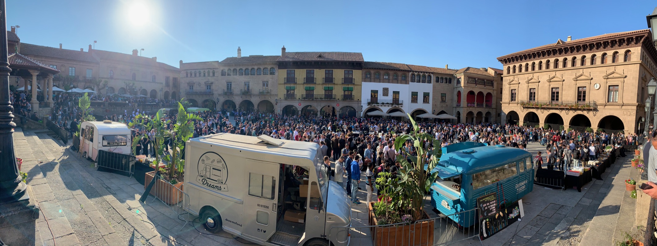 The main square of Pople Espanyol was filled to burst with KubeCon attendees.