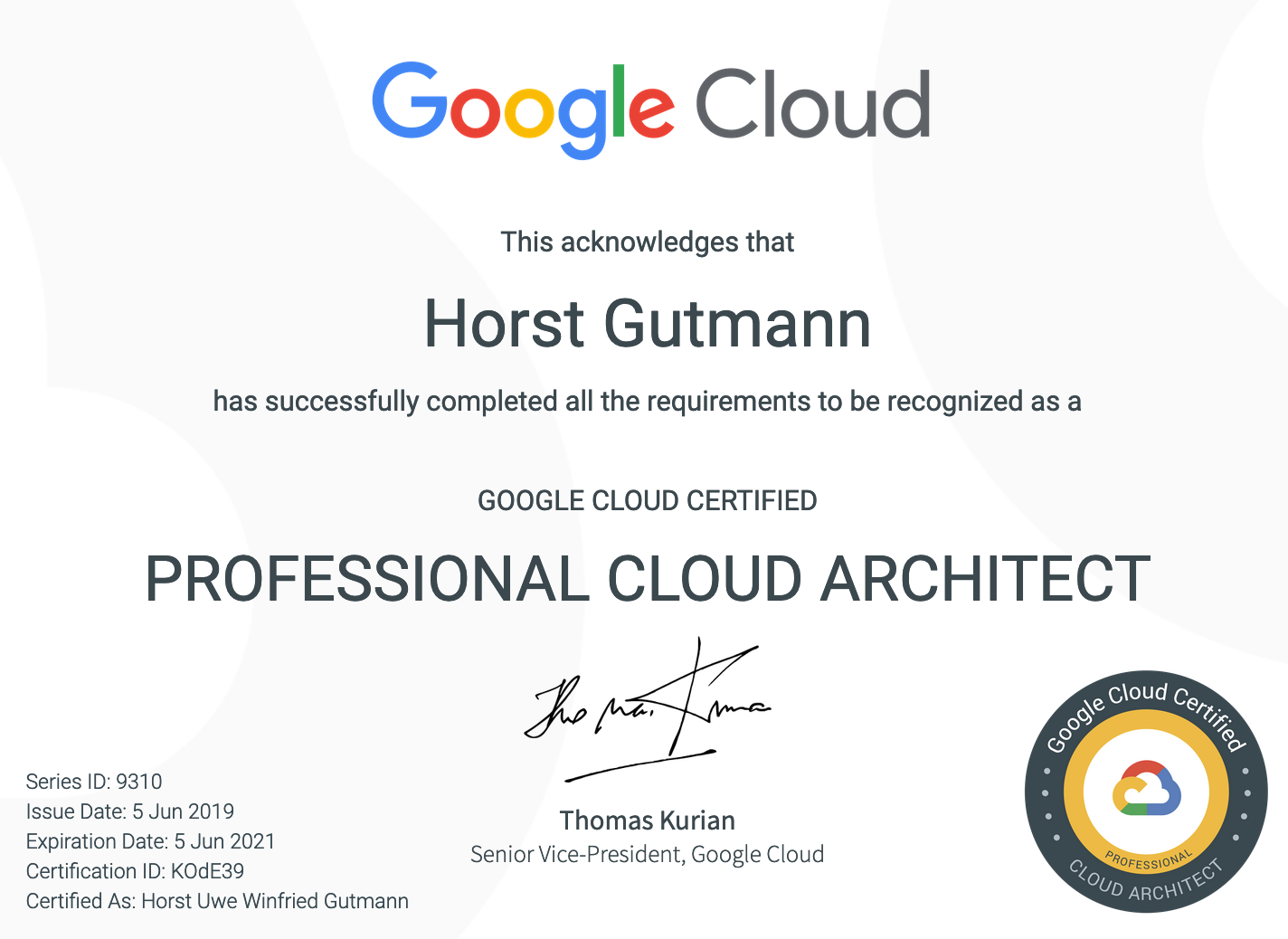 Profession Google Cloud Architect certificate