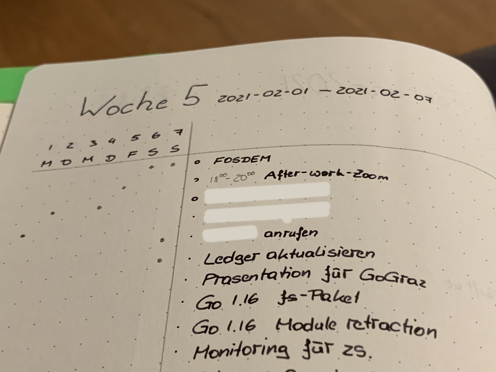 Page of a A5 page representing week 5 of 2021 showing a table with 8 columns: 1 for each weekday and 1 for tasks/events, assigning an item to a day with a dot in its column