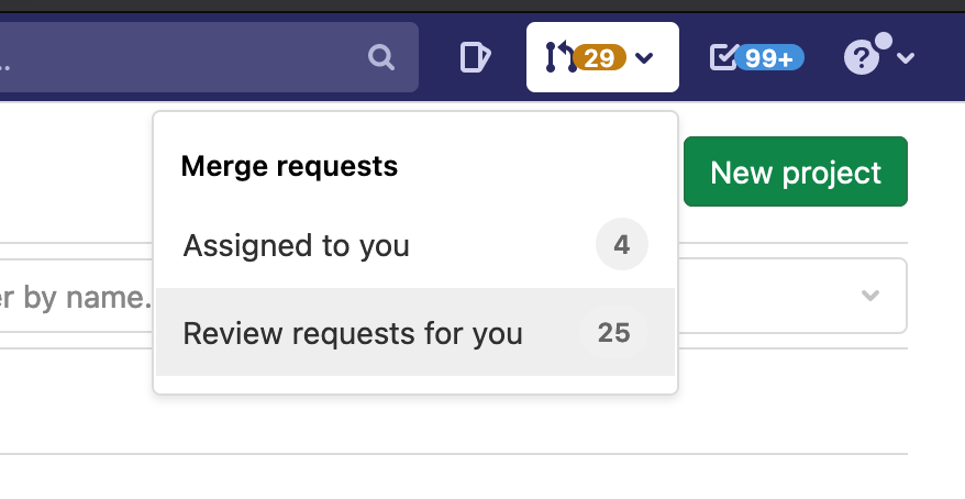 Screenshot of the GitLab top bar with expanded merge-request menu