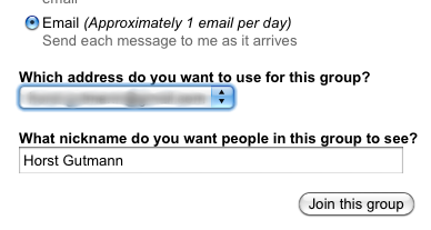 A select box for your e-mail address on Google Groups